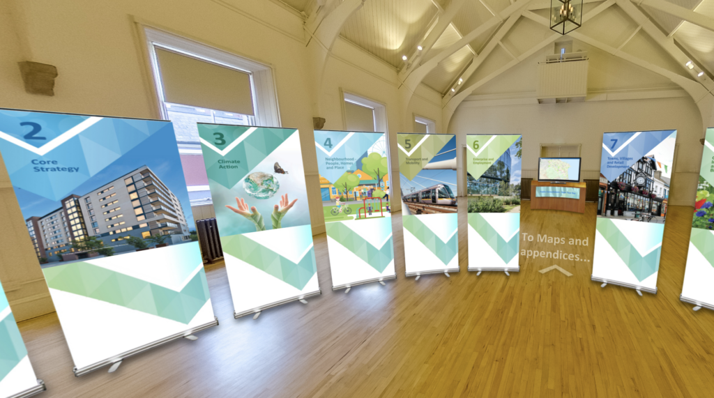 Virtual display room showing the different topics of the County Development Plan