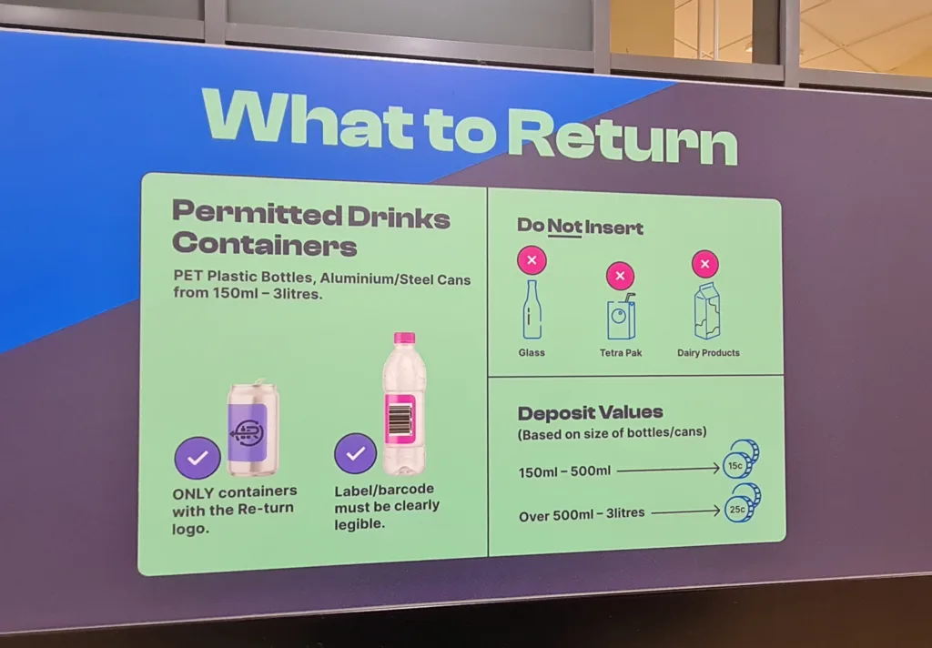 What to return as part of the Deposit Return Scheme PET Plastic bottles, aluminium/steel cans from 150ml - 3L Only containers with the Re-turn logo and the label/barcode must be clearly legible