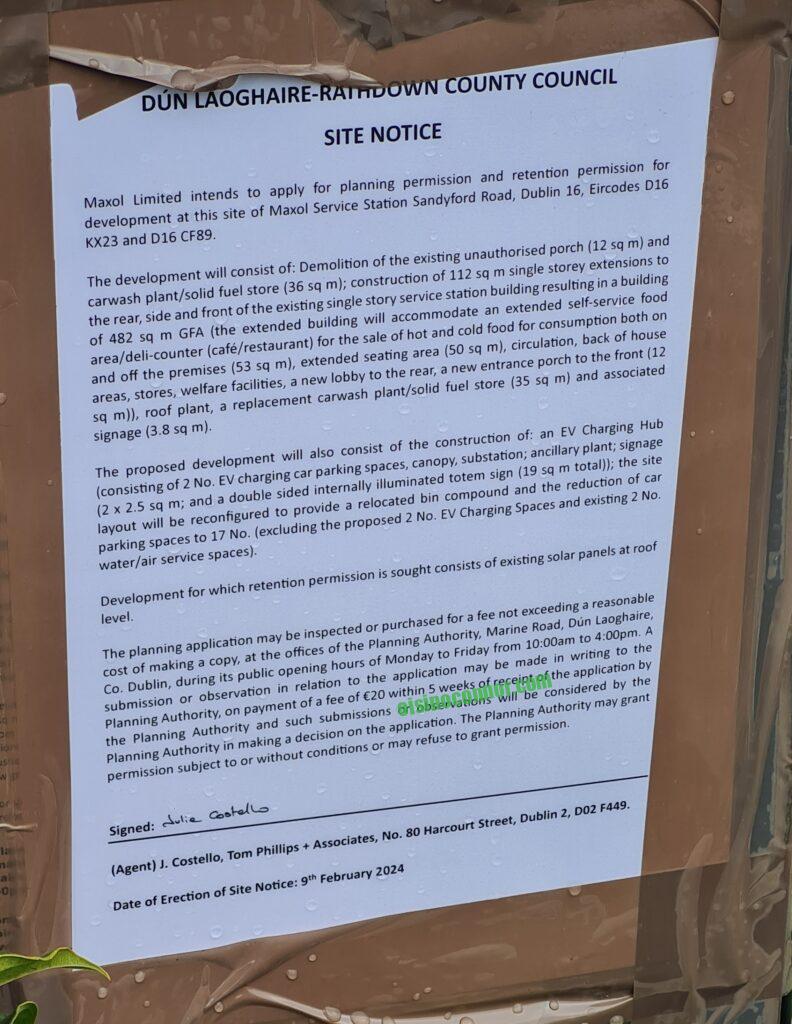 Maxol Sandyford Road planning application planning notice