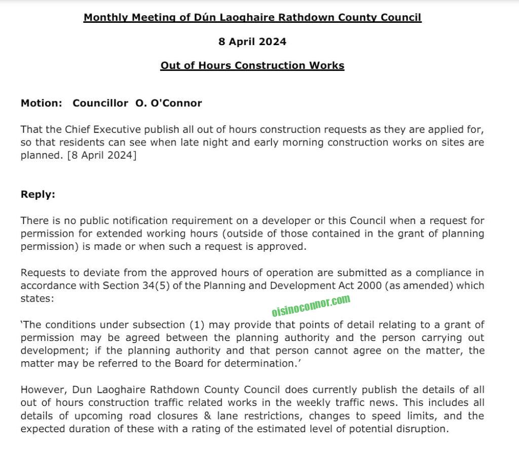 Late night construction Dún Laoghaire-Rathdown County Council in Sandyford