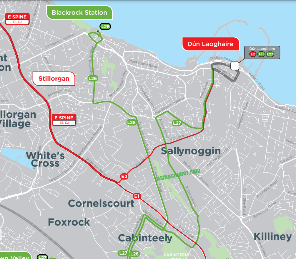 L26 and L27 bus routes running east of the N11 as part of Kilternan Bus Connects changes and Leopardstown Valley Bus Connects changes